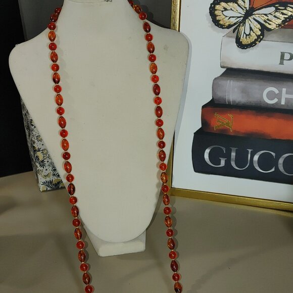 Hobe Necklace Vintage Brown Red Ambar Lucite Bead Gold Tone Accents 54 Inches - Picture 10 of 16
